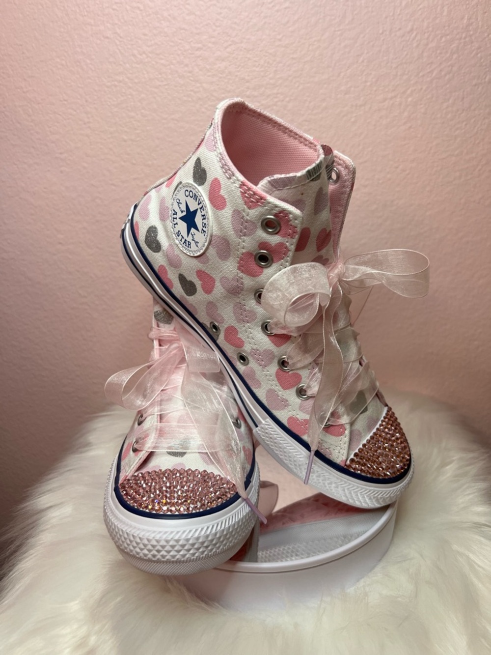 Custom Converse Kids Pink Heart High-Top Sneakers with Rhinestone Toe